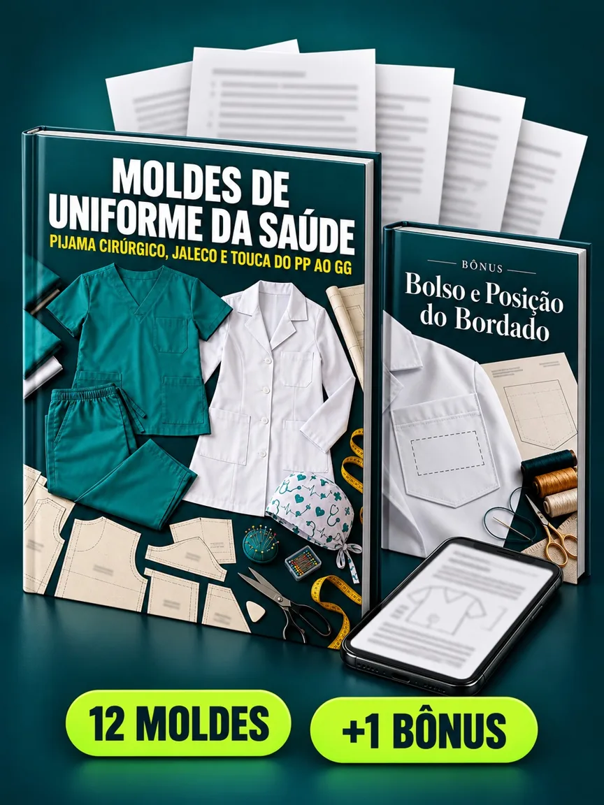Montagem ilustrativa do Moldes de Uniforme da Saúde: livro com a capa, páginas do material e celular e capas dos bônus