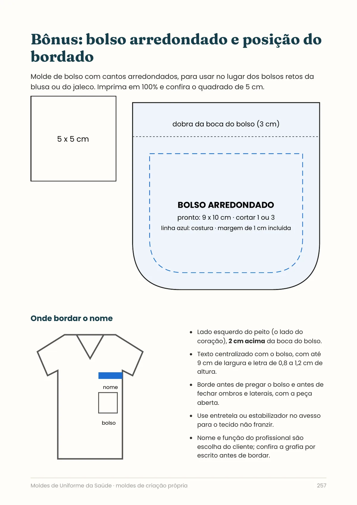 Página real do PDF Moldes de Uniforme da Saúde: bolso e posição do bordado
