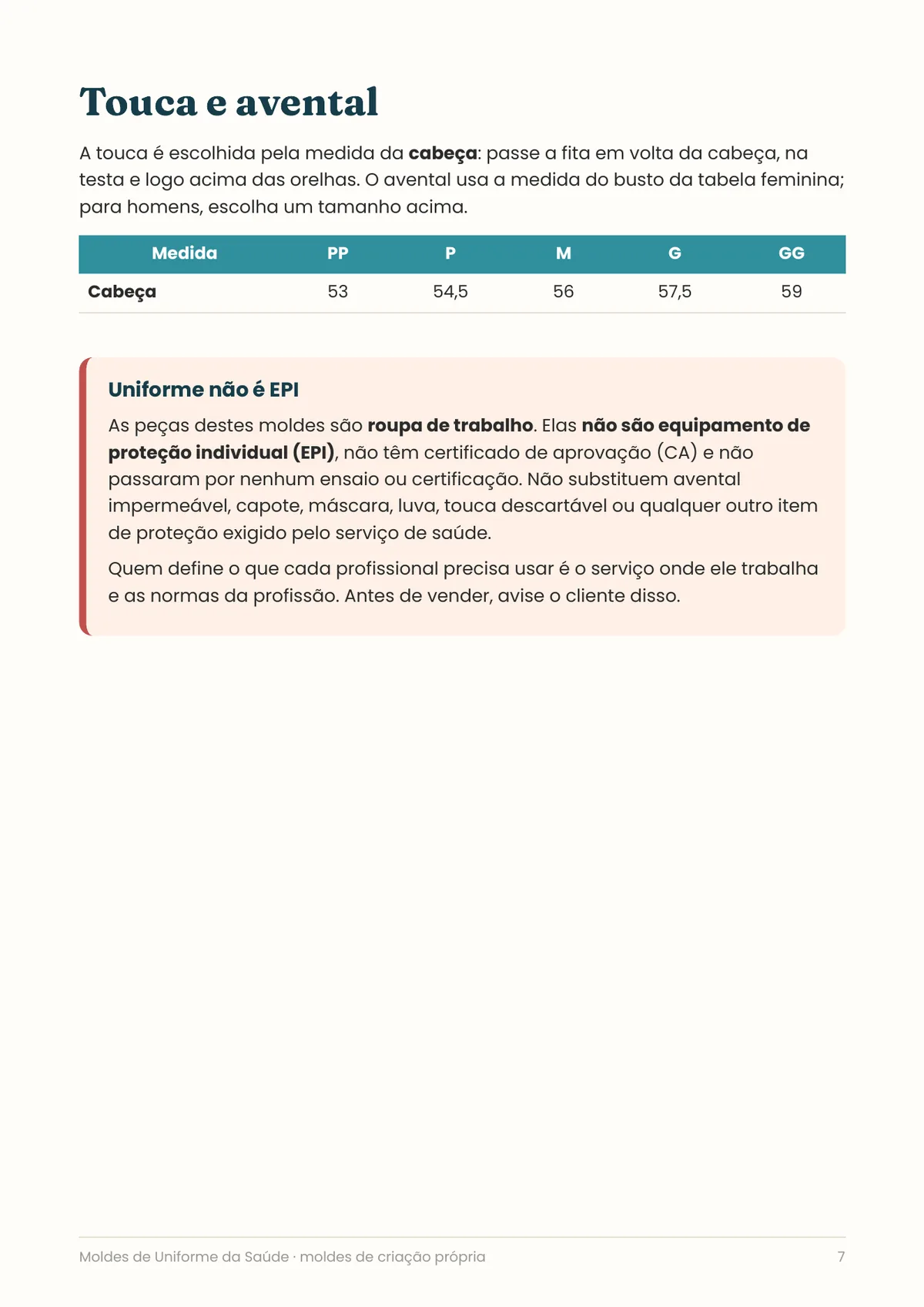 Página real do PDF Moldes de Uniforme da Saúde: aviso: não é EPI